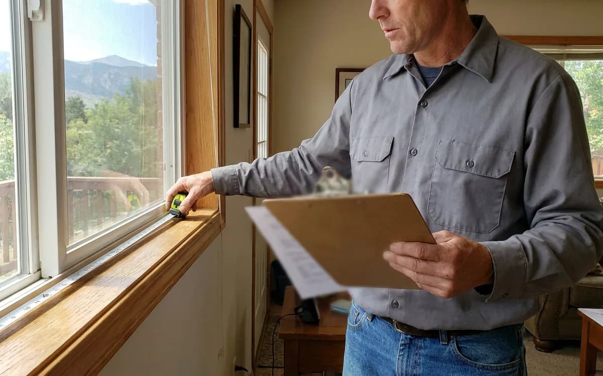 Technician measuring a living room window with a tape measure while holding a clipboard