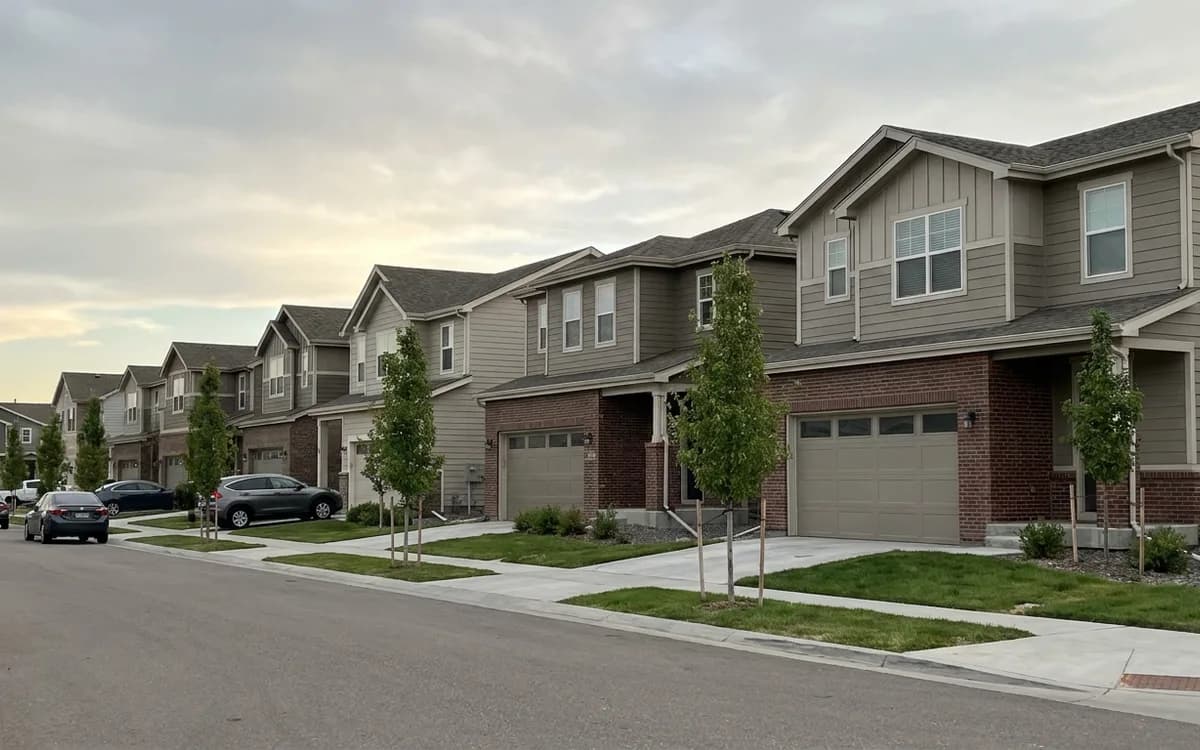 Newer suburban street of two-story homes with young trees and attached garages