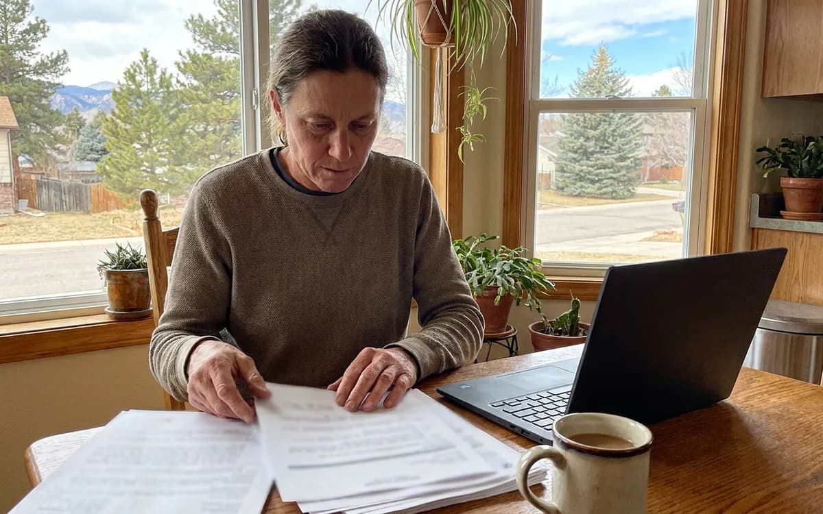 Homeowner at a kitchen table looking over printed papers beside a laptop and coffee