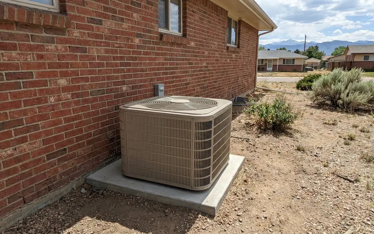 Outdoor heat pump unit on a concrete pad beside a brick house