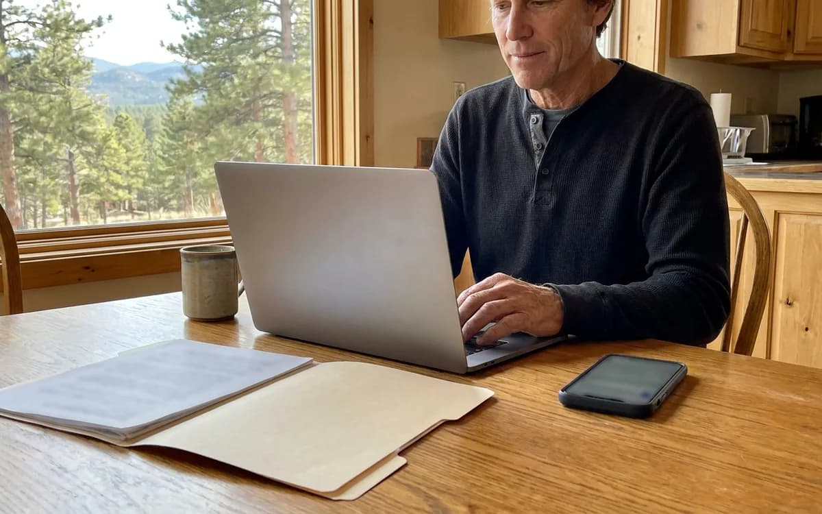 Homeowner at a kitchen table with a laptop, a phone and a folder of paperwork