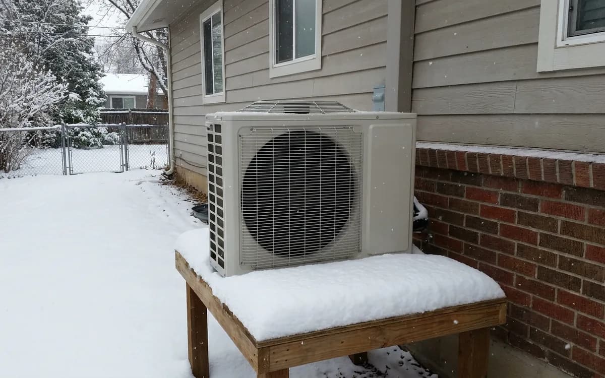 Outdoor heat pump unit on a raised stand surrounded by fresh snow in a residential side yard