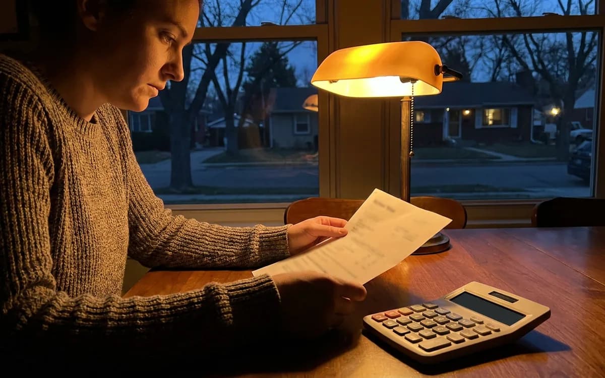 Homeowner reviewing a printed estimate at a dining table with a calculator and amber desk lamp