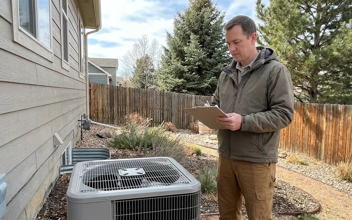 Inspector holding a clipboard while examining a newly installed outdoor heat pump beside a house