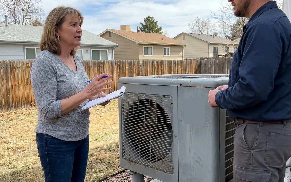 Homeowner holding a notepad while talking with a technician next to an outdoor heat pump