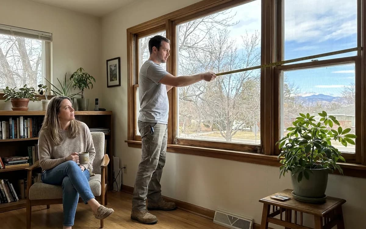 Technician measuring a living room window with a tape measure while a homeowner watches