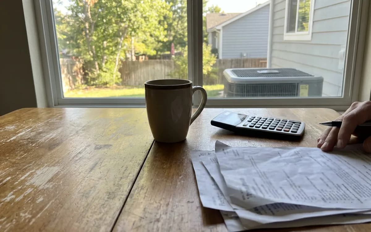 Kitchen table with a printed invoice, a calculator and a coffee mug in afternoon light