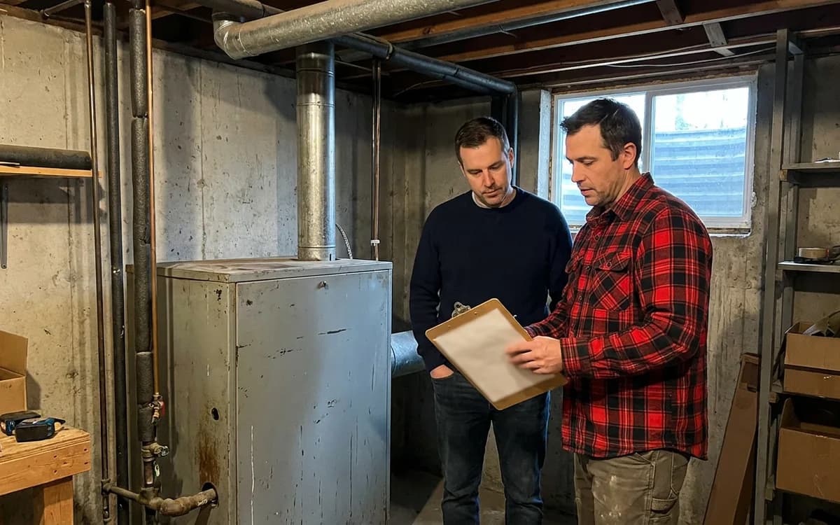Contractor and homeowner looking over a clipboard beside an older gas furnace in a basement