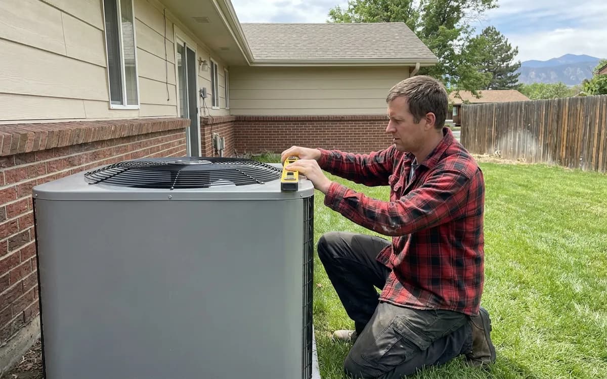 Technician leveling a new outdoor heat pump unit next to a suburban ranch house