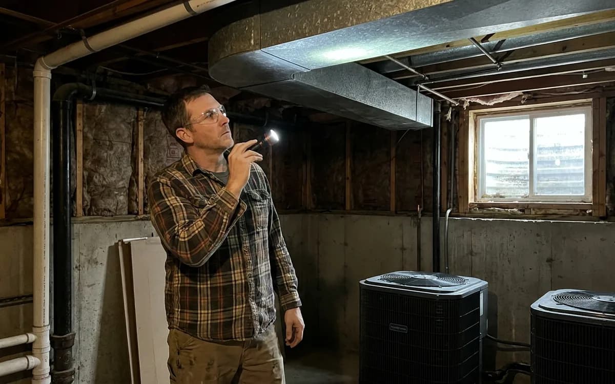 Technician with a flashlight inspecting metal ductwork along an unfinished basement ceiling