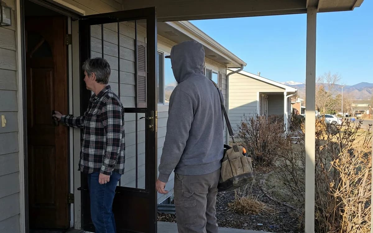 Homeowner opening the front door to a technician carrying a tool bag on a sunny afternoon