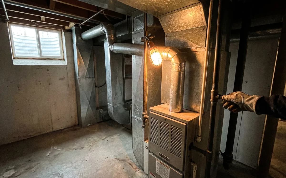 Older gas furnace and sheet-metal ductwork in an unfinished basement lit by a work light