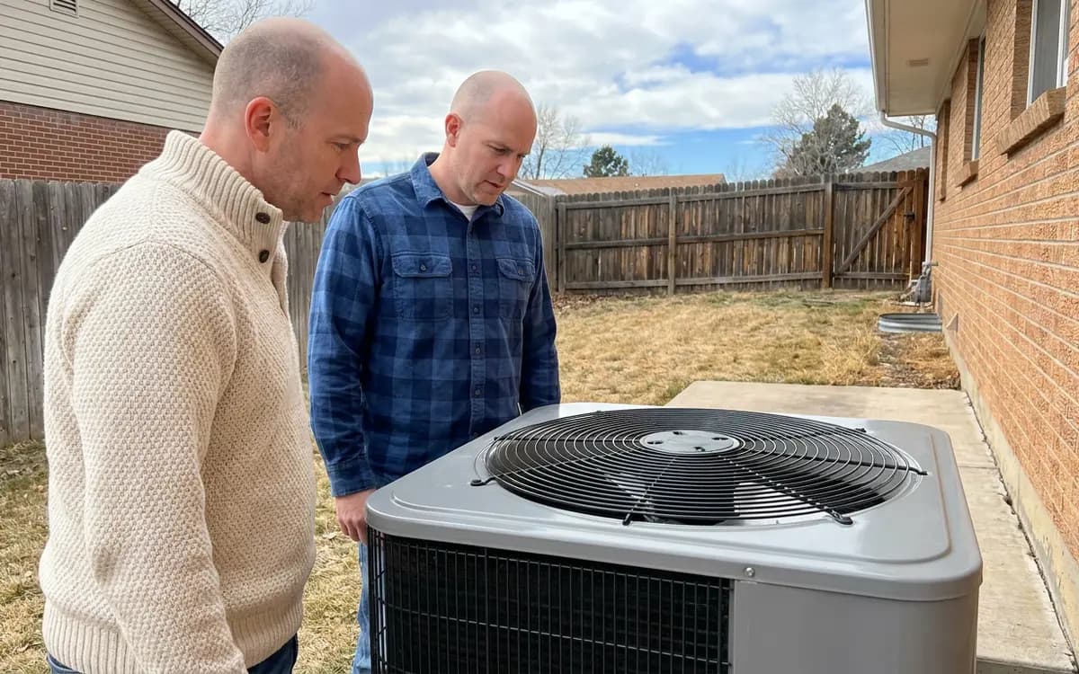 Homeowner and technician looking at an outdoor heat pump unit on a concrete pad in a backyard