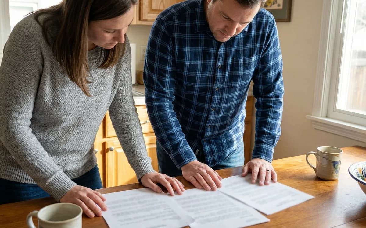 Homeowner and installer reviewing printed equipment paperwork together at a kitchen table