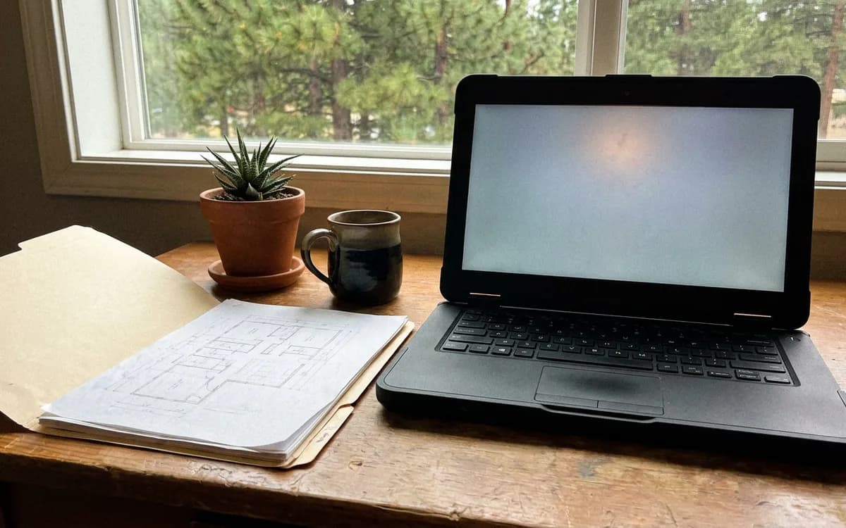 Open laptop beside a folder of house plans on a tidy home office desk