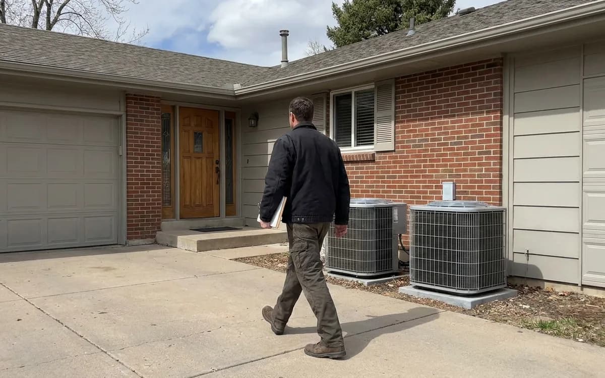 Technician holding a clipboard walking up a driveway toward a front door