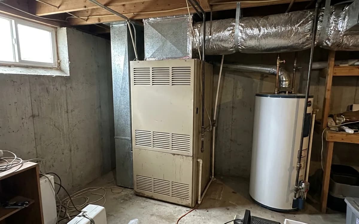 Older gas furnace in a basement utility room next to a water heater and exposed ductwork