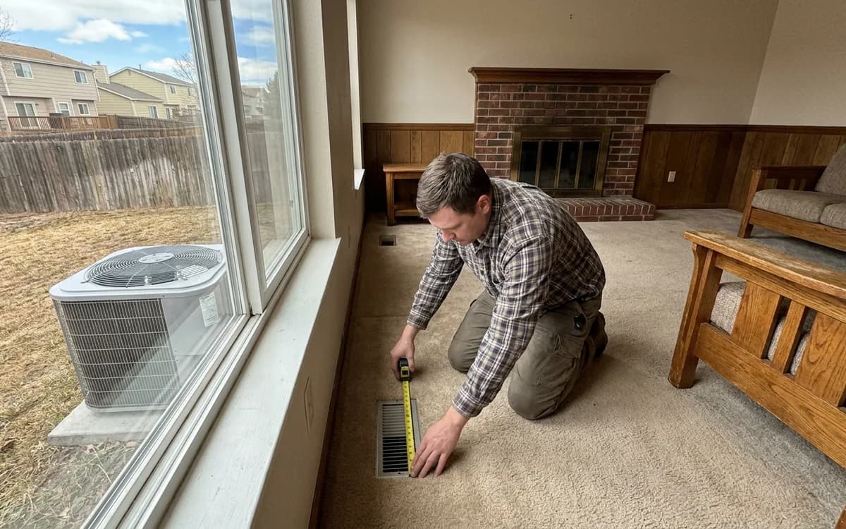 Technician measuring a supply register in a carpeted living room of a 1980s two-story home