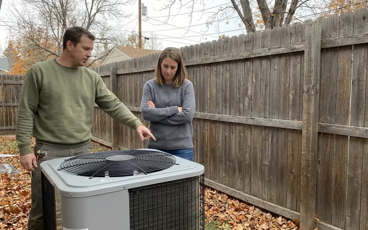 Installer and homeowner looking at an outdoor condenser beside a fenced backyard in autumn