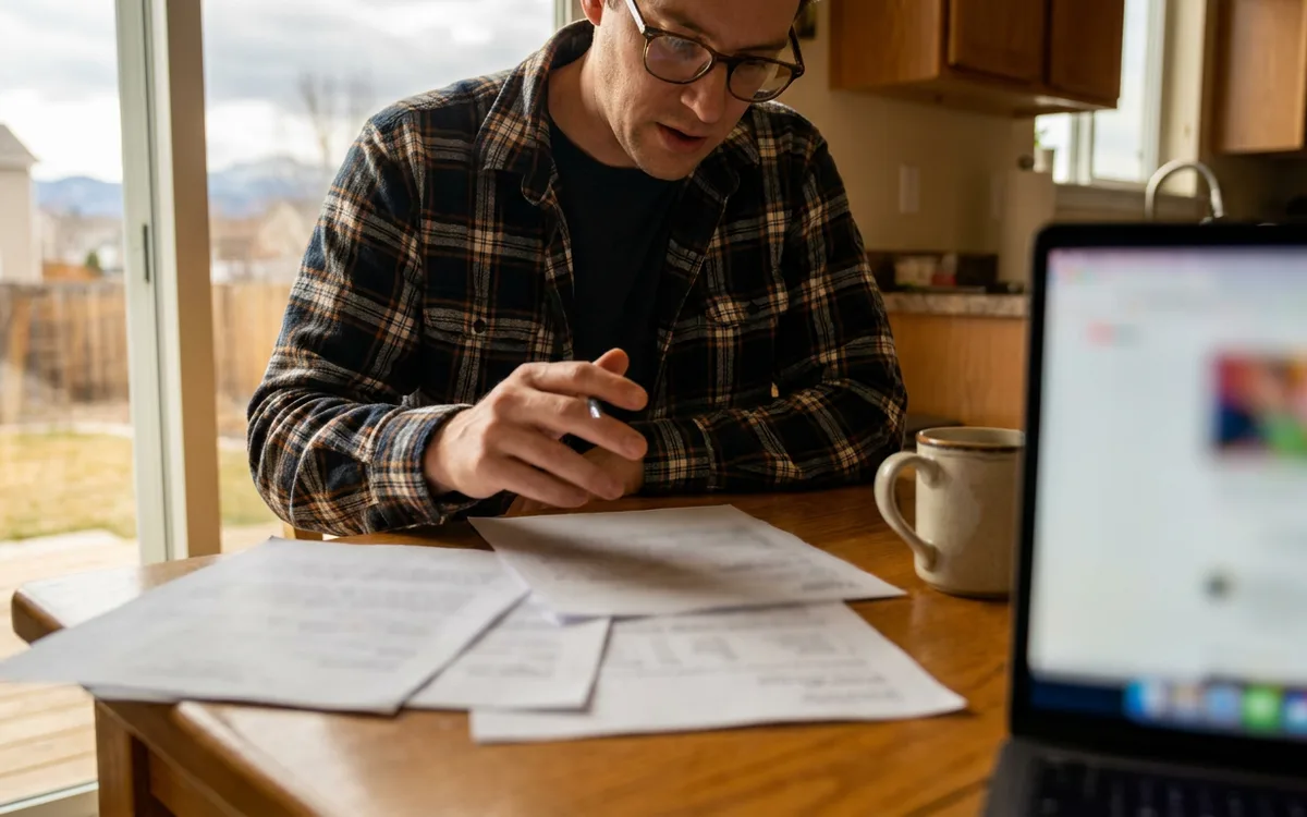 Homeowner at a kitchen table comparing printed heat pump estimates beside a laptop and coffee mug