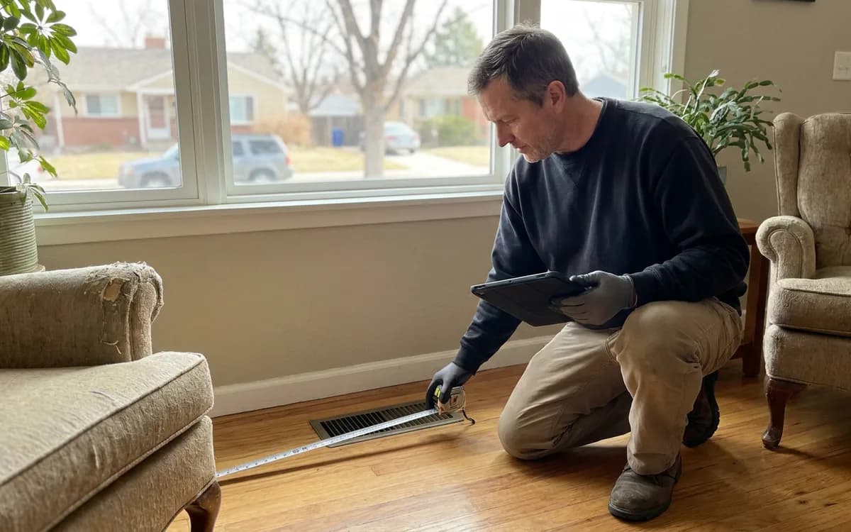 Technician measuring a supply register in a living room while holding a tablet
