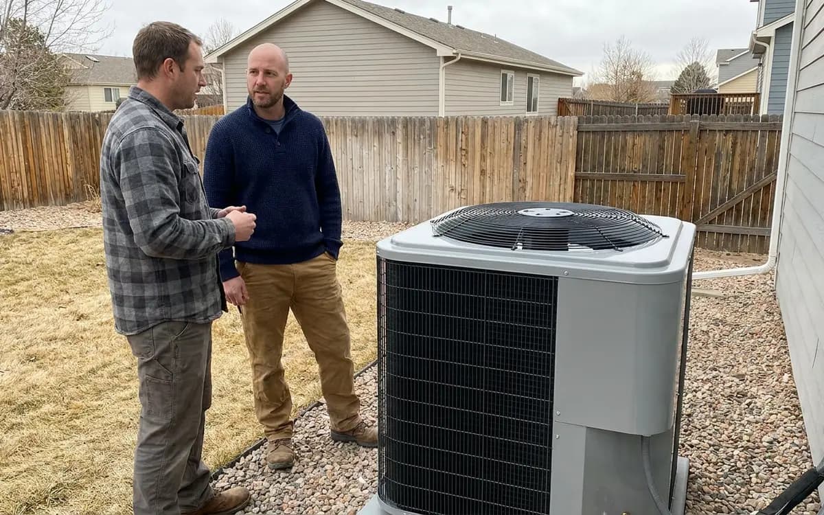 Installer and homeowner talking beside a newly set outdoor heat pump on a gravel pad