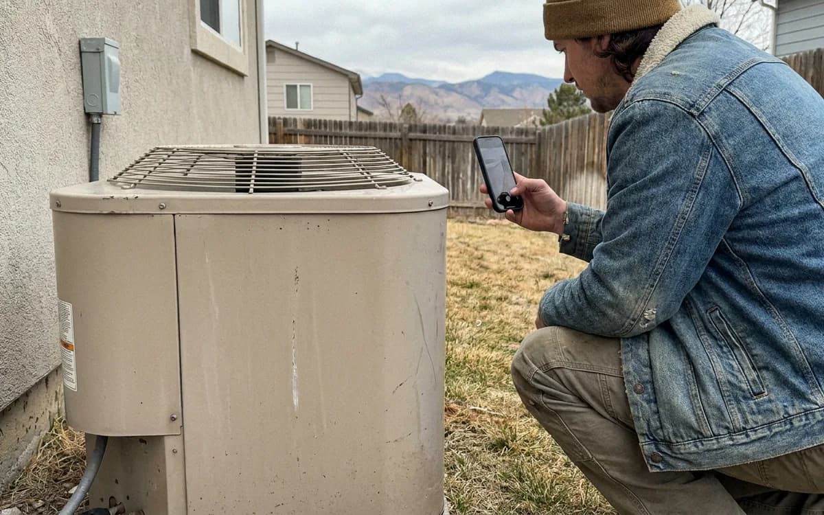 Technician crouching to photograph the side of an outdoor heat pump unit with a phone