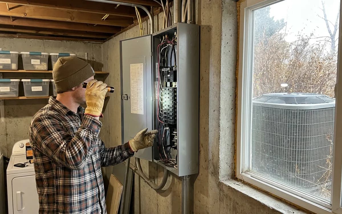 Technician with a flashlight inspecting an open electrical panel in a basement utility room
