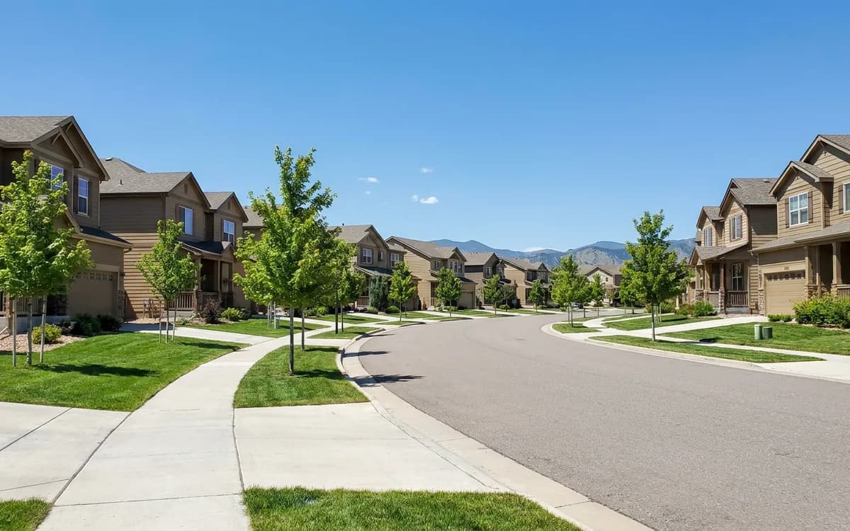 Row of similar two-story suburban homes with pitched roofs along a curving residential street