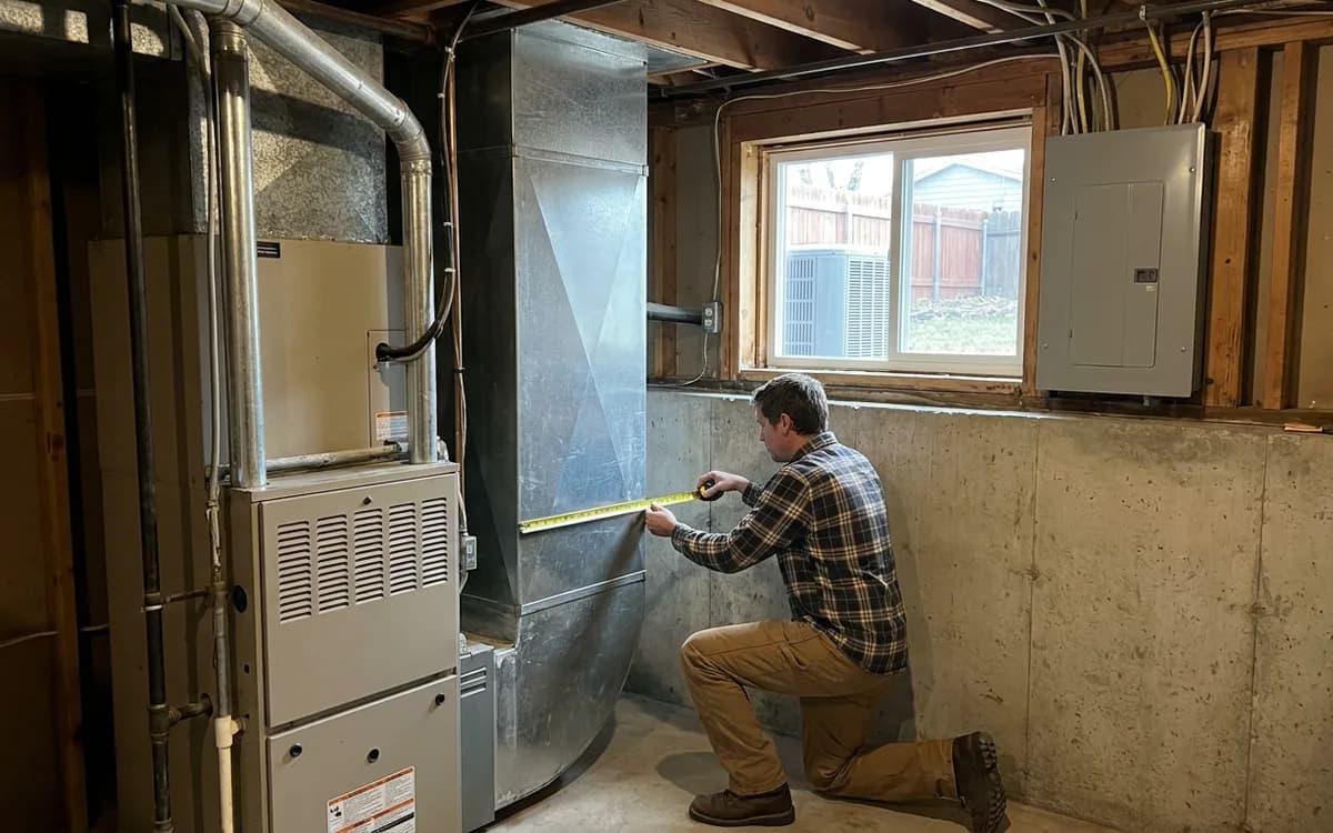 Technician measuring a supply duct in an unfinished basement near a furnace and electrical panel