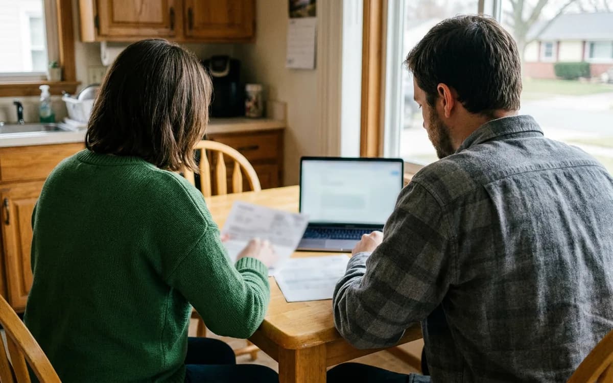 Homeowner and contractor reviewing permit paperwork at a kitchen table beside an open laptop