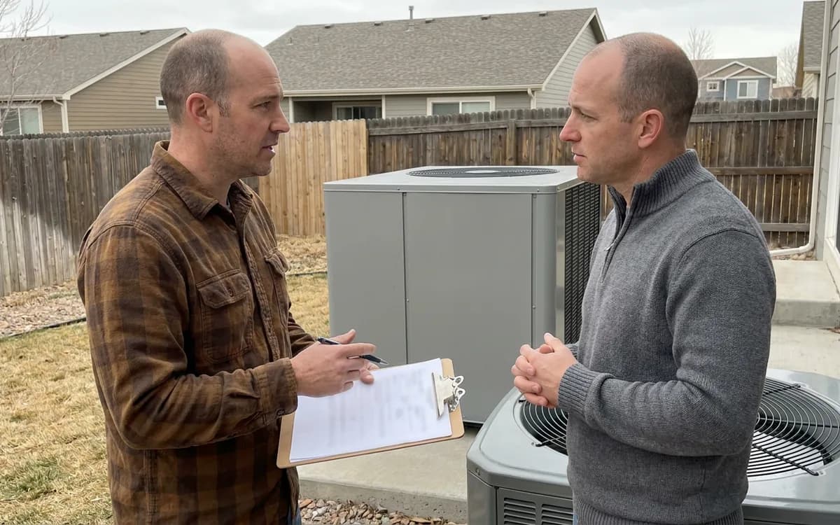 Installer holding a clipboard talking with a homeowner beside an outdoor heat pump on a concrete pad