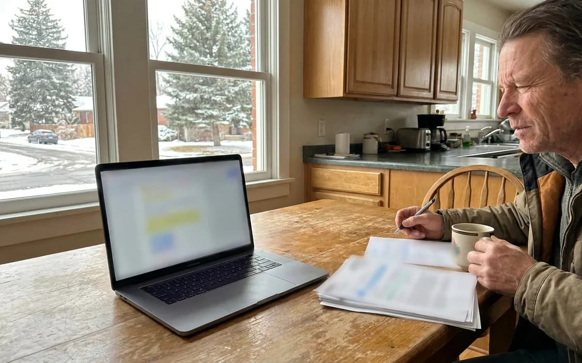 Homeowner at a kitchen table comparing a printed estimate against a list on a laptop screen