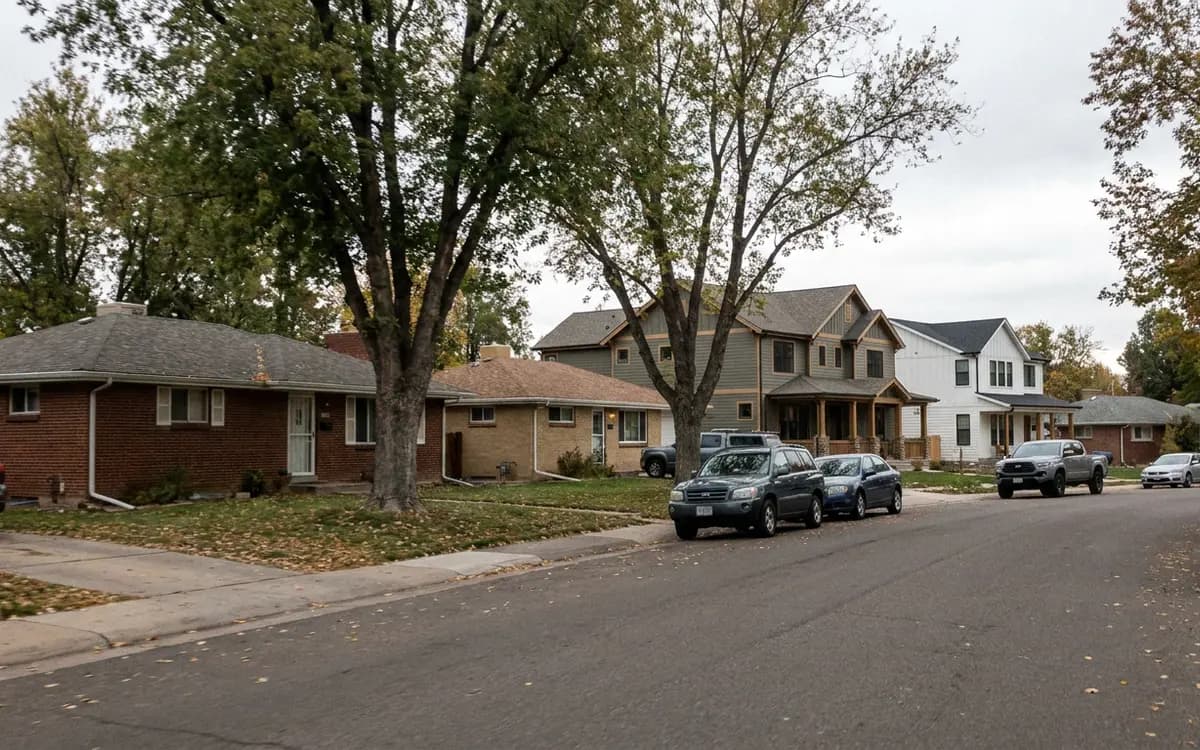 Row of older single-story ranch homes and newer two-story houses along a tree-lined residential street