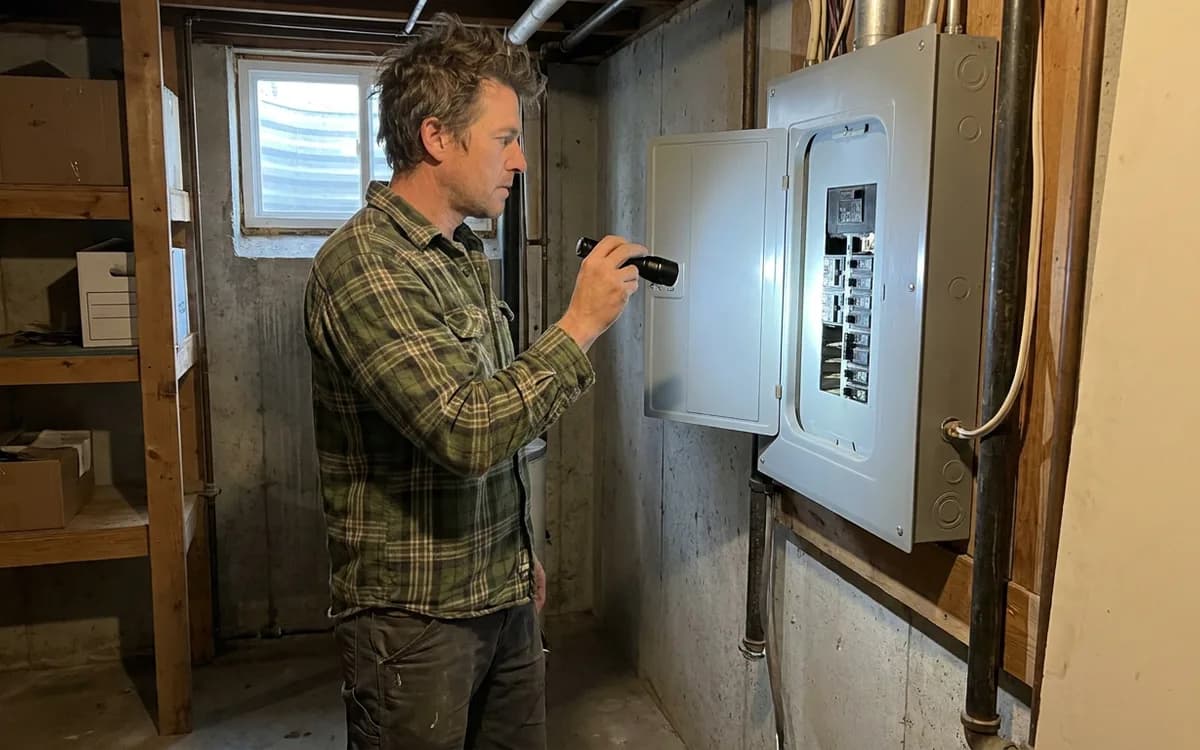 Technician with a flashlight inspecting an open residential electrical panel in a basement utility room