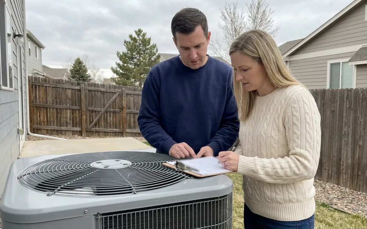 Installer and homeowner standing beside an outdoor heat pump unit, looking over a clipboard together