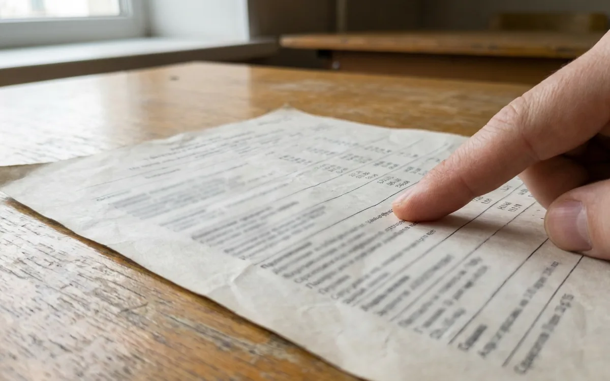 Close-up of a hand pointing to a line item on a printed contractor invoice lying on a desk