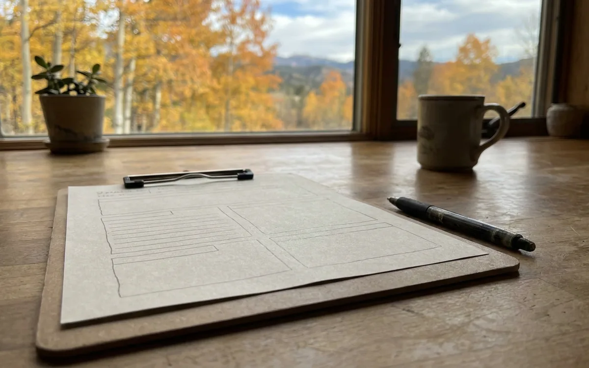 Clipboard with a blank estimate form and a pen on a kitchen counter, autumn leaves outside the window