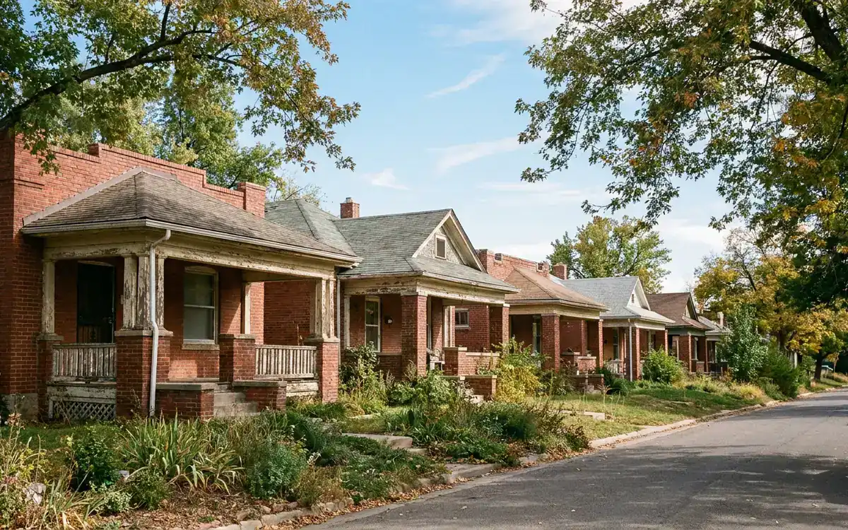 Row of brick bungalows on a tree-lined residential street under a clear blue sky