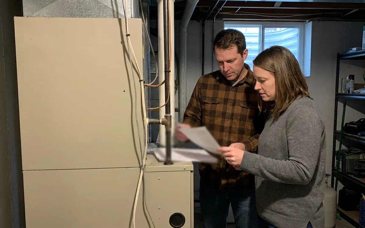 Installer and homeowner beside an indoor air handler in a basement utility room, looking over paperwork together