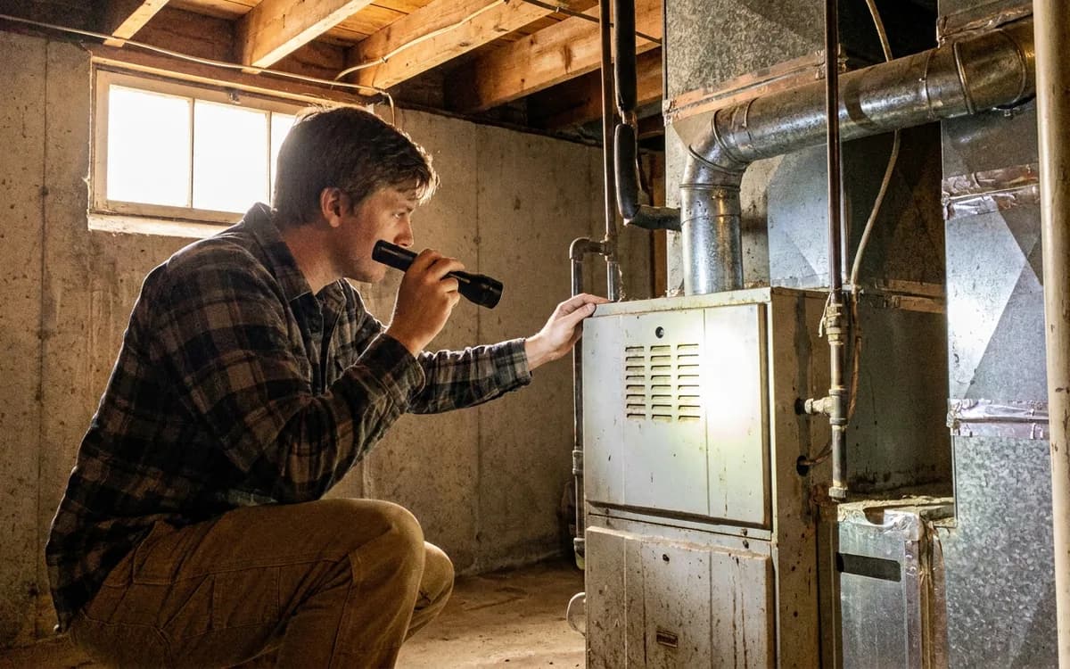 Technician inspecting an older basement furnace and its sheet metal ductwork with a flashlight