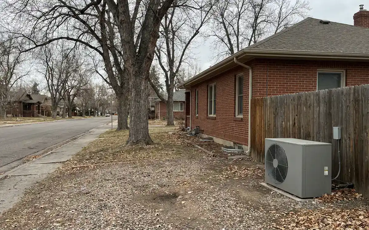 Brick bungalow on a tree-lined street with a compact outdoor heat pump along the side yard