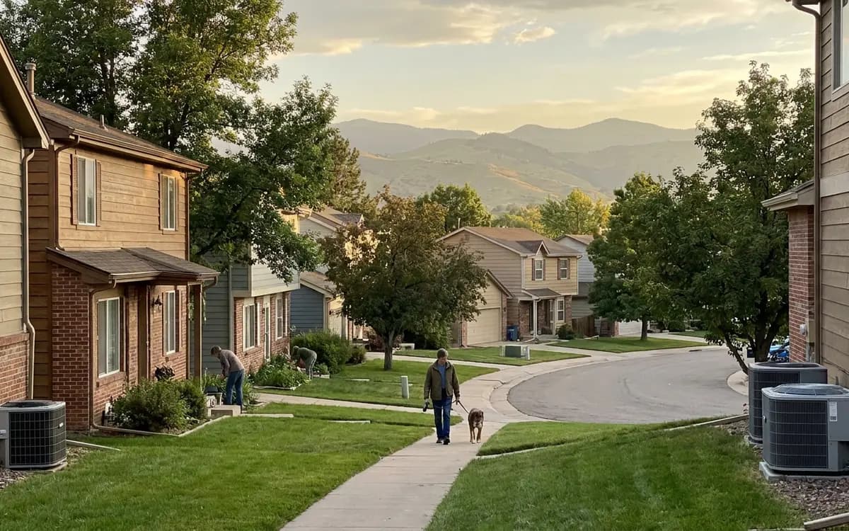 Suburban two-story homes with front lawns and distant foothills under a late afternoon sky